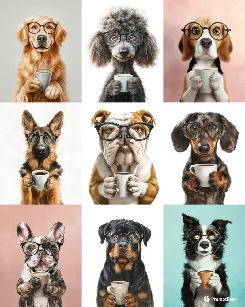 Dogs With Glasses Drinking Coffee