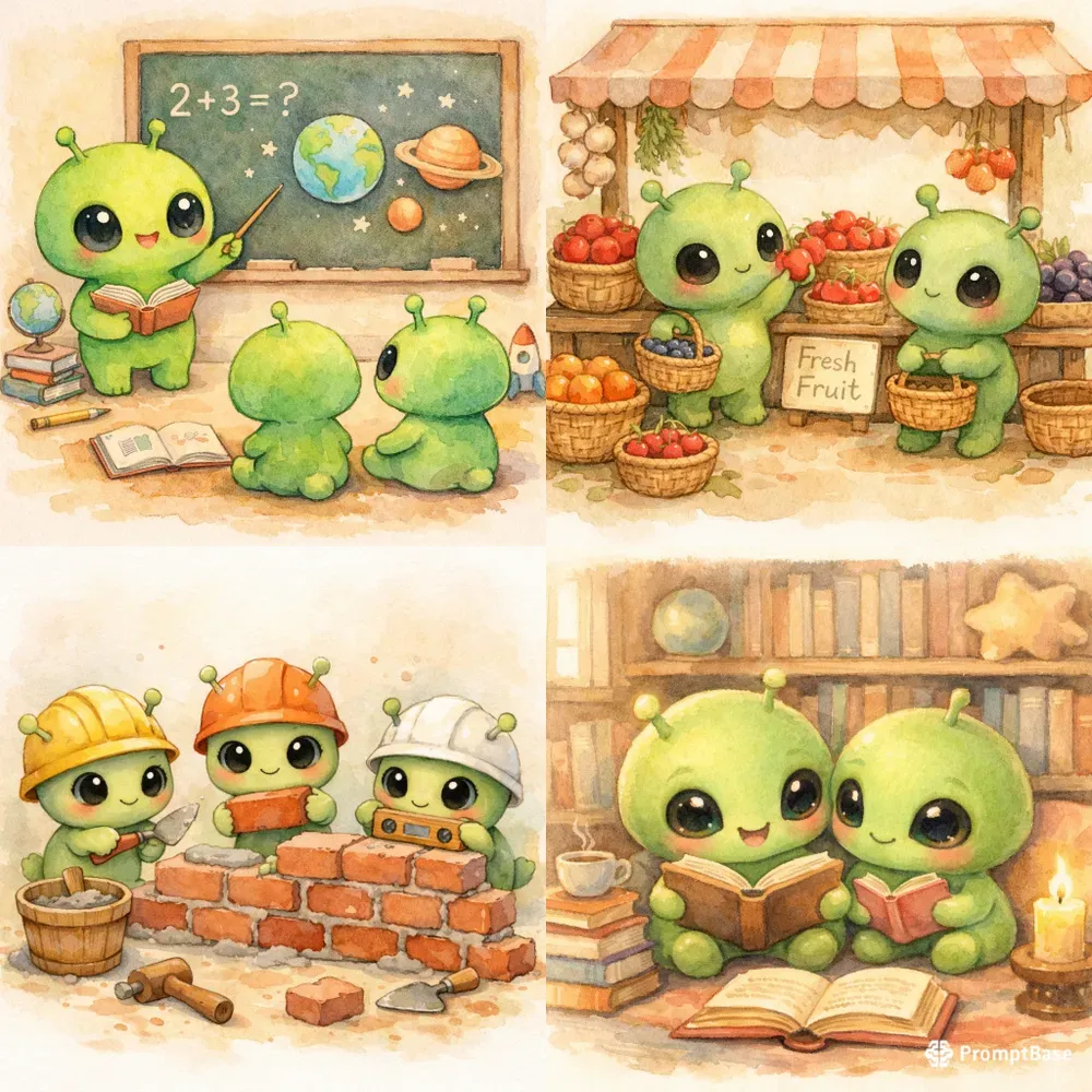 Cute Alien Daily Life Watercolors
