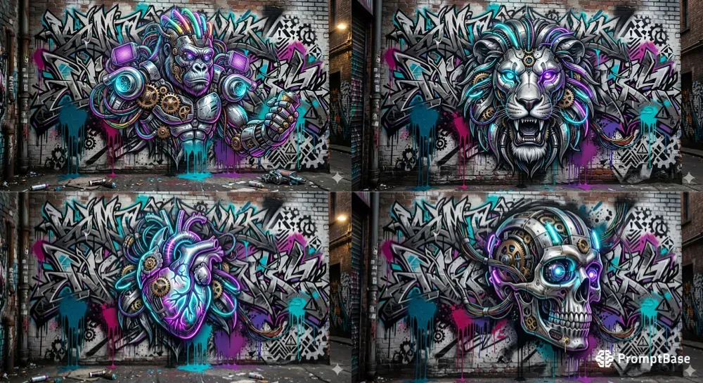 Biomechanical Neon Graffiti Poster Art