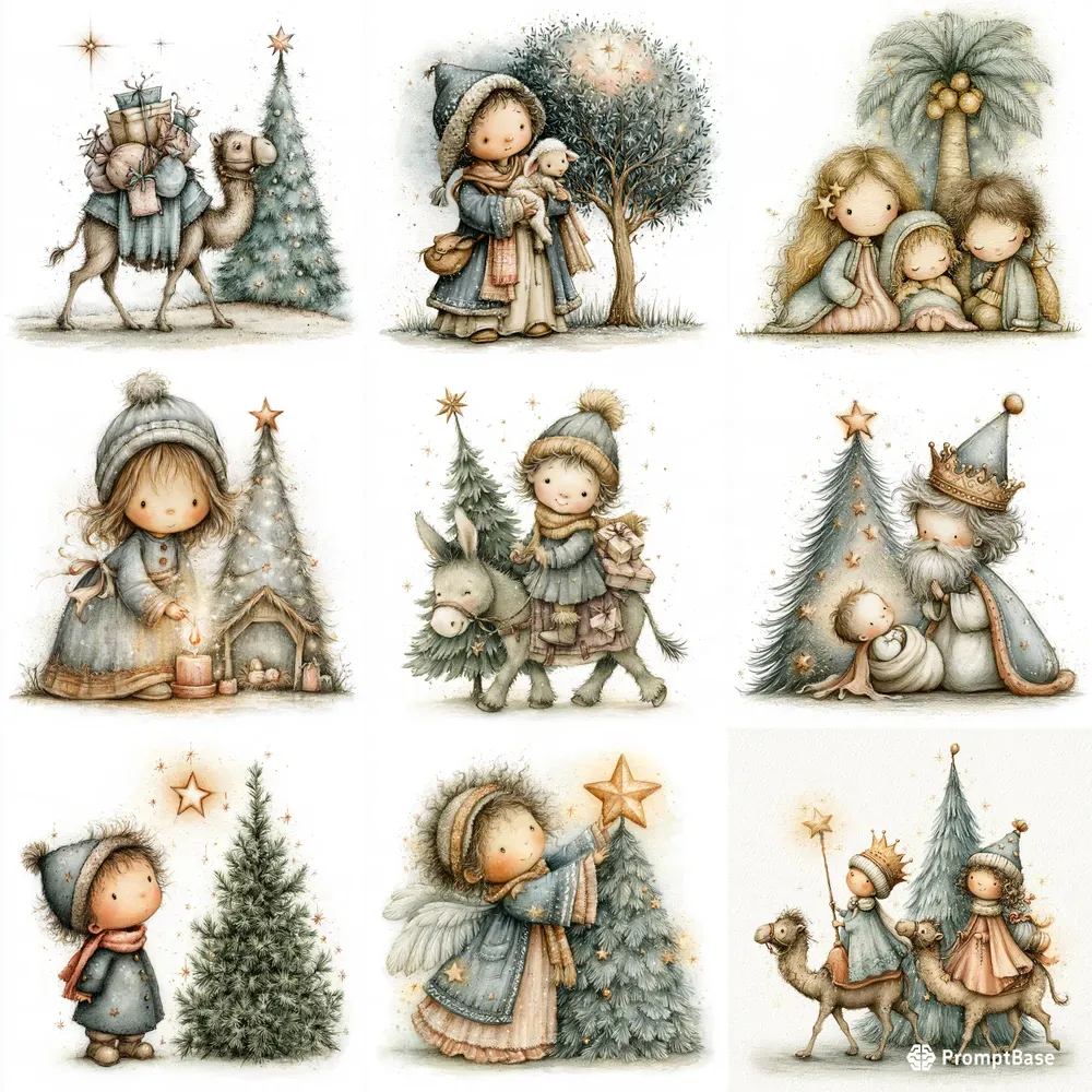 Cute Christmas Nativity Art Illustrations