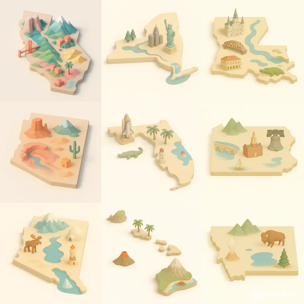 Pastel 3D Map Packs Iconic Us States