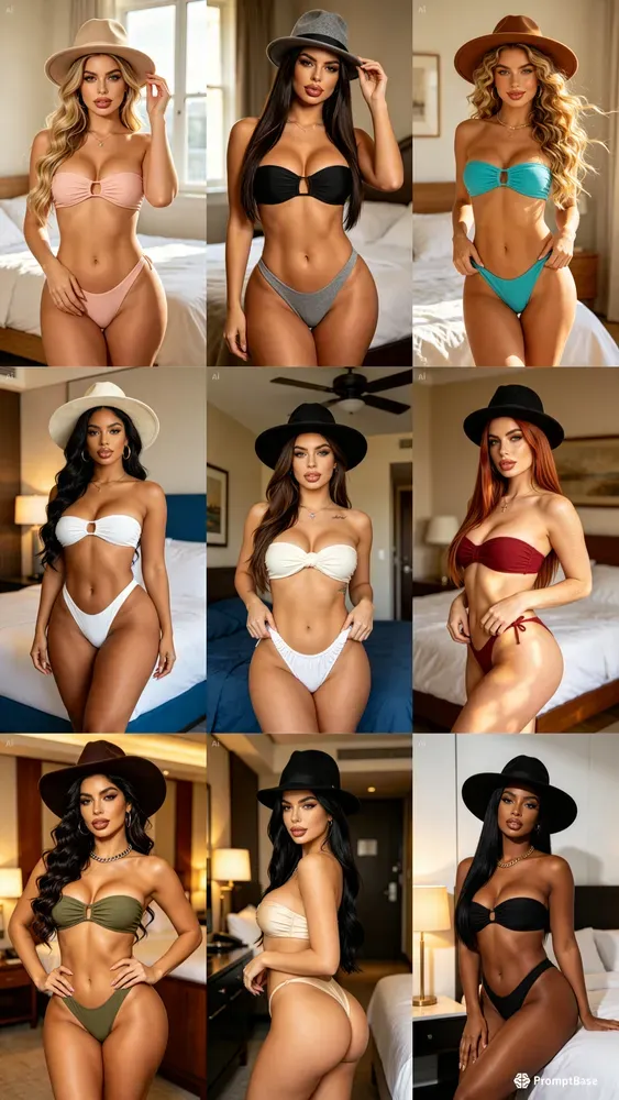 Fedora Bikini Bedroom Girls Portraits