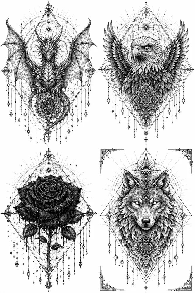 Fine Line Blackwork Tattoo Stencil Art