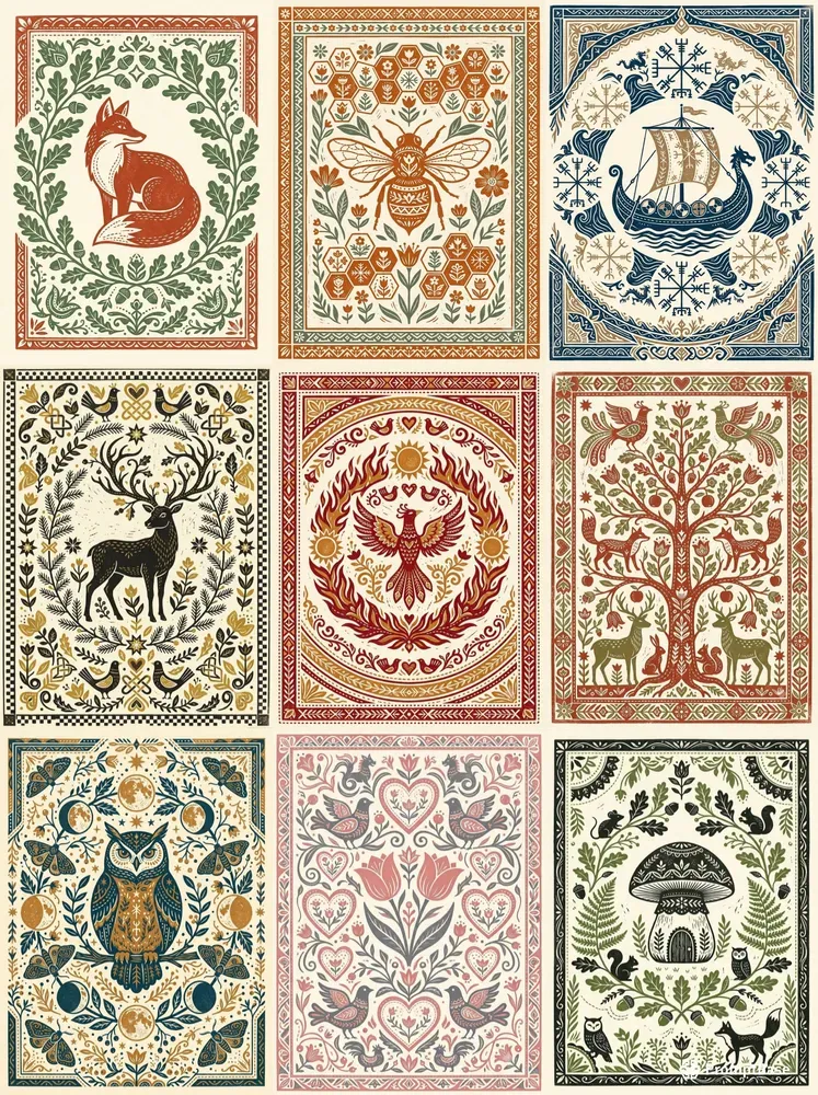 Folk Art Linocut Illustrations