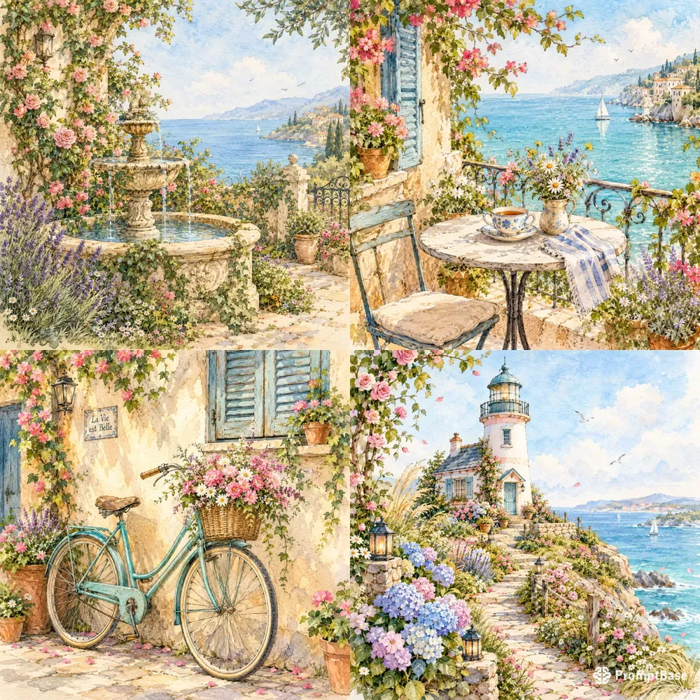 Watercolor Coastal Garden Scenes