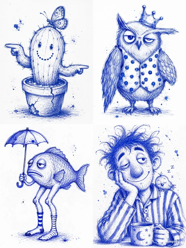 Handdrawn Wobbly Blue Ink Folk Art