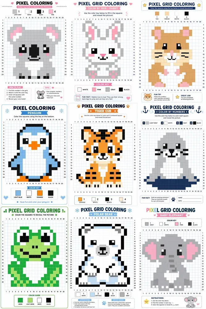 Pixel Animal Coloring Grid Packs