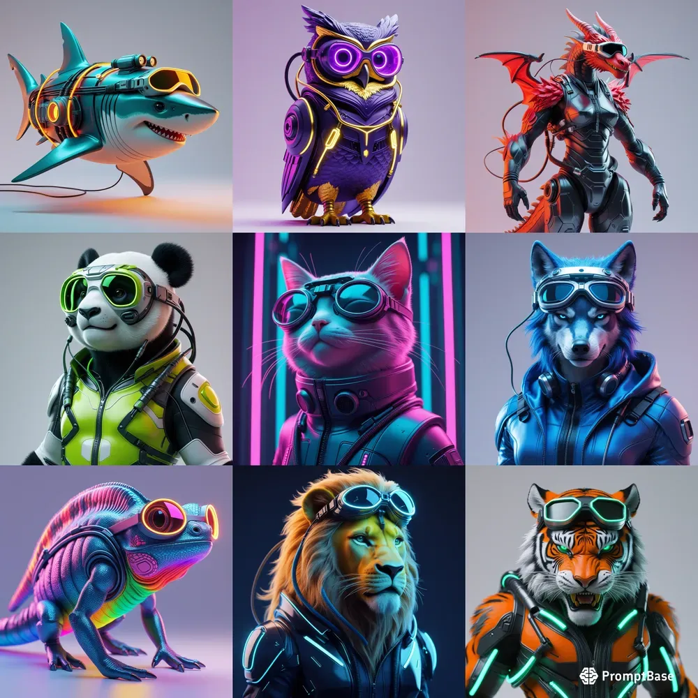 Vibrant 3D Vector Cyberpunk Animals