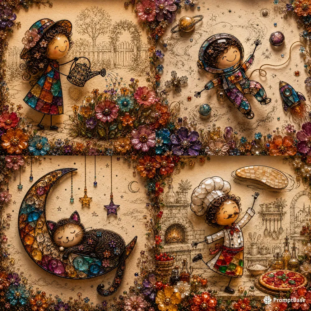 Whimsical 3D Wire Glass Mosaic Art