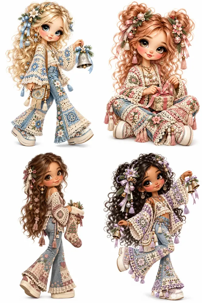 Retro Hippie Christmas Girls Clipart