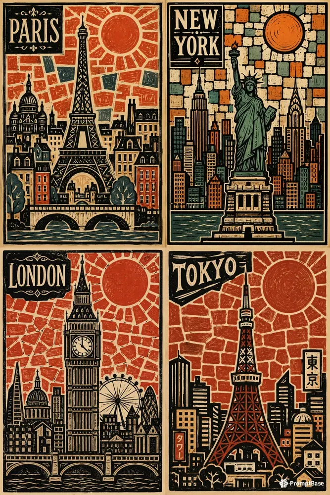 Vintage Linocut City Posters