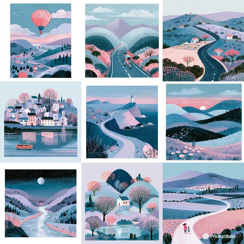 Pastel Folk Landscape Illustrations