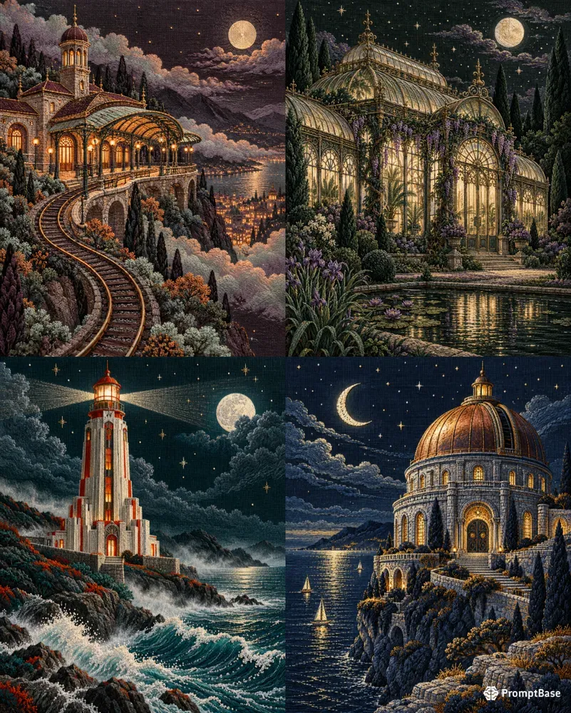 Midnight Embroidered Architecture Posters