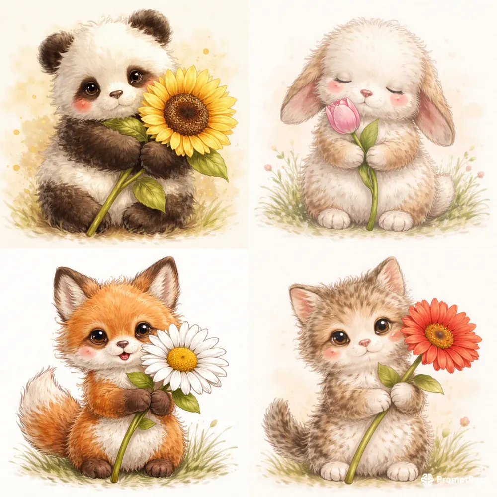 Cute Fluffy Character Flower Art Style