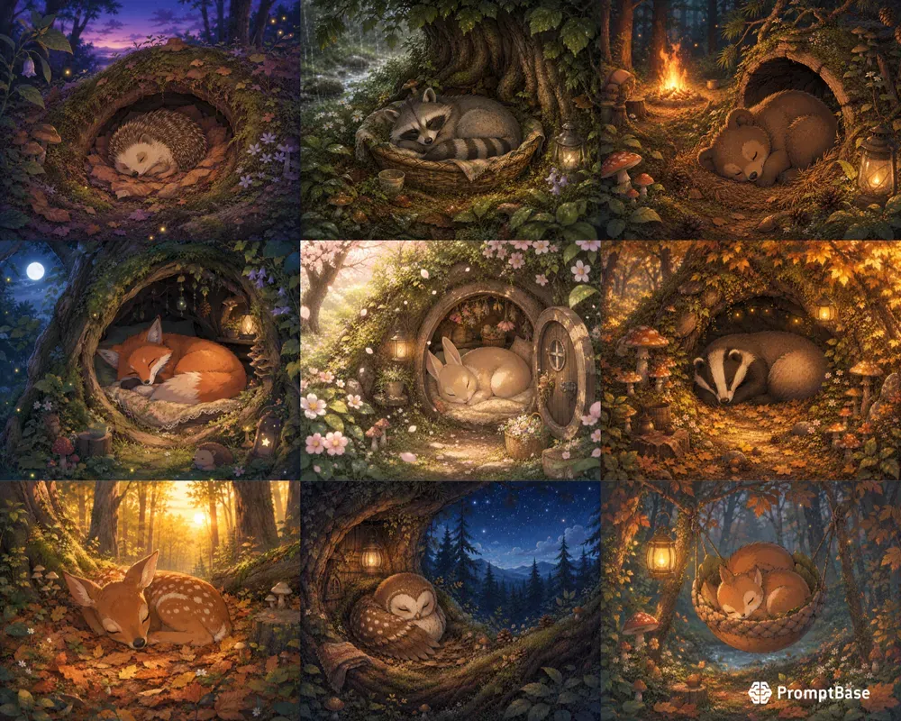 Sleepy Forest Animals Cozy Anime Art