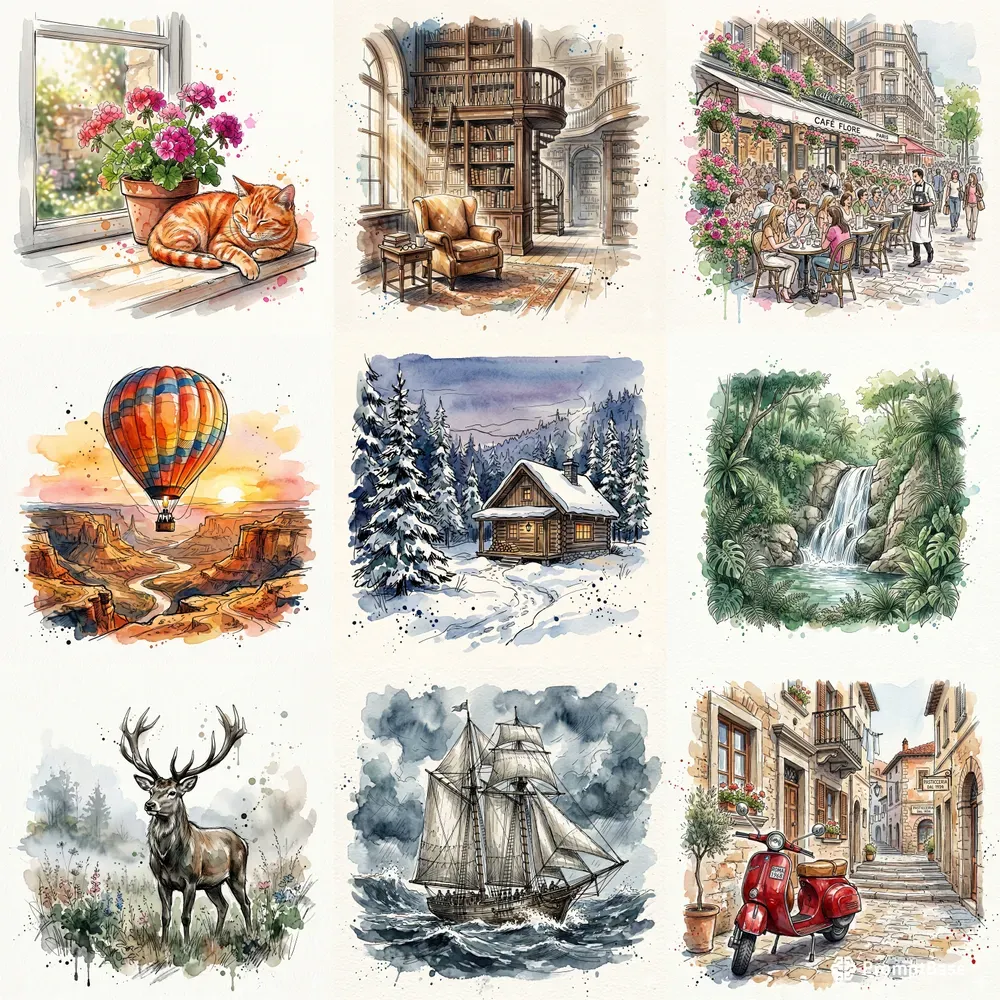 Watercolor Ink Sketch Scenes