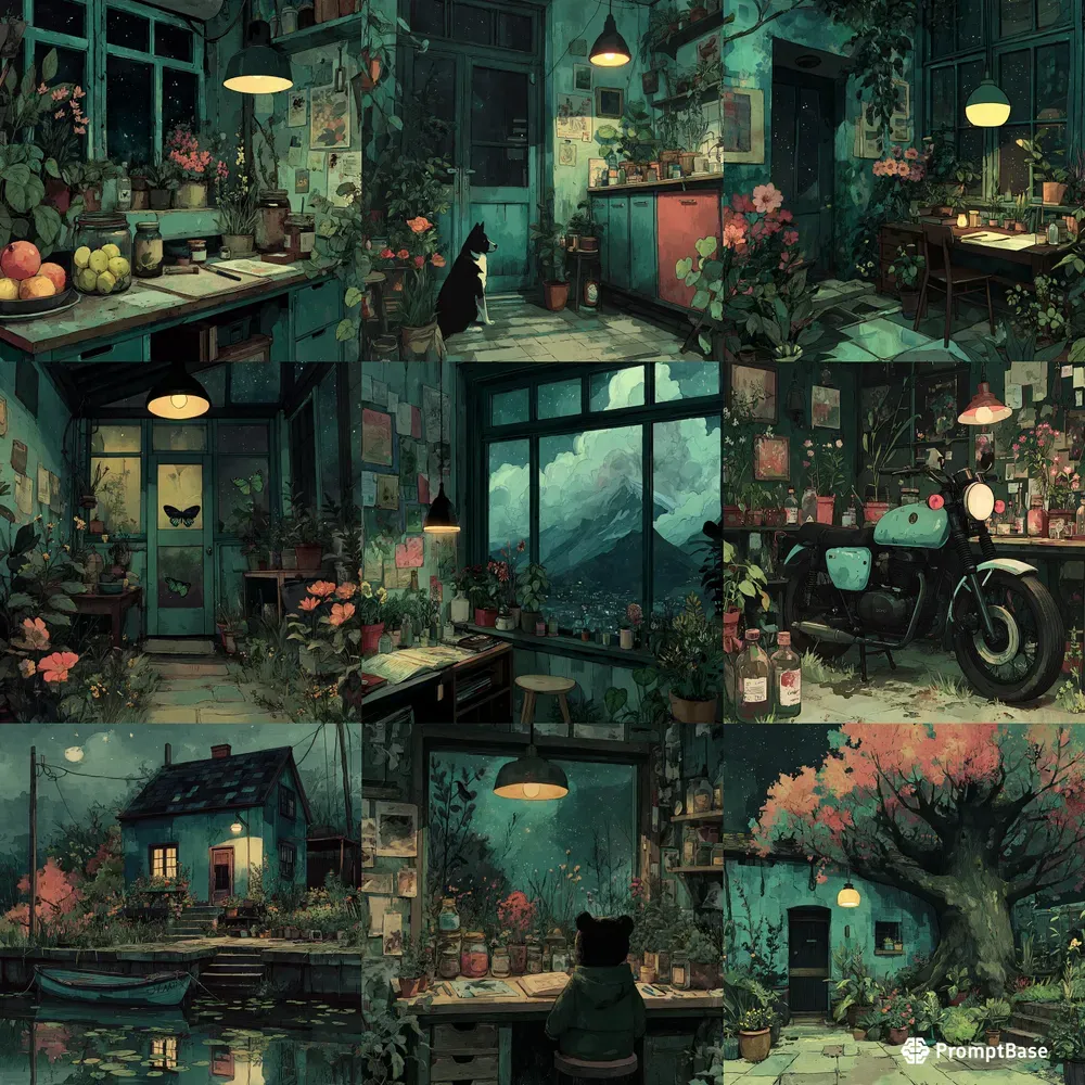 Illustrations Ghibli Teal Ink Moody