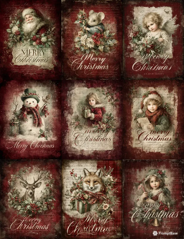Vintage Red Plaid Christmas Illustrations