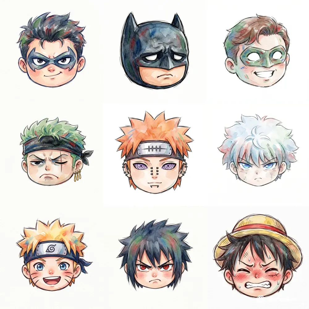 Chibi Head Watercolor Sketch Icons