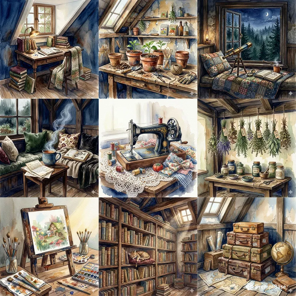 Cozy Attic Watercolor Illustrations