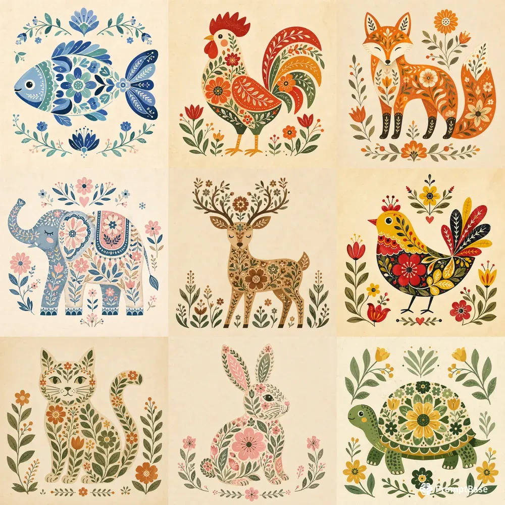 Folk Floral Animal Art