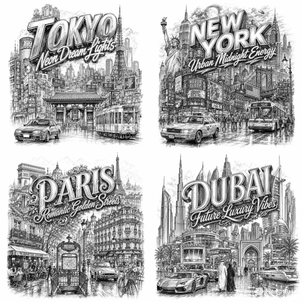 Black White City Sketch Art
