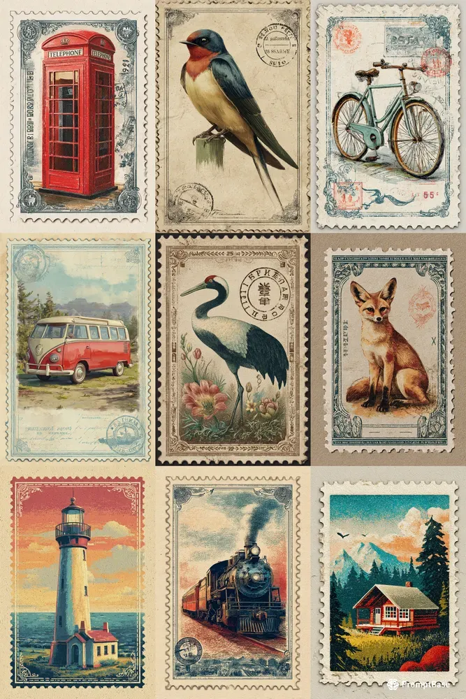 Vintage Gouache Postage Stamps