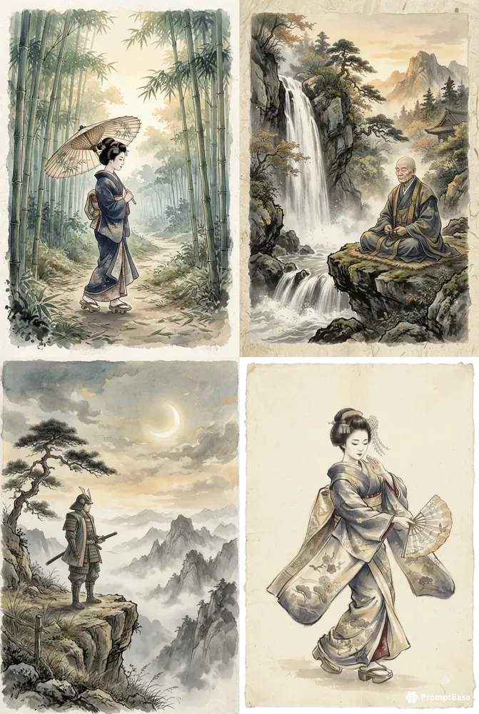 Nihonga Style Scenic Ink Art