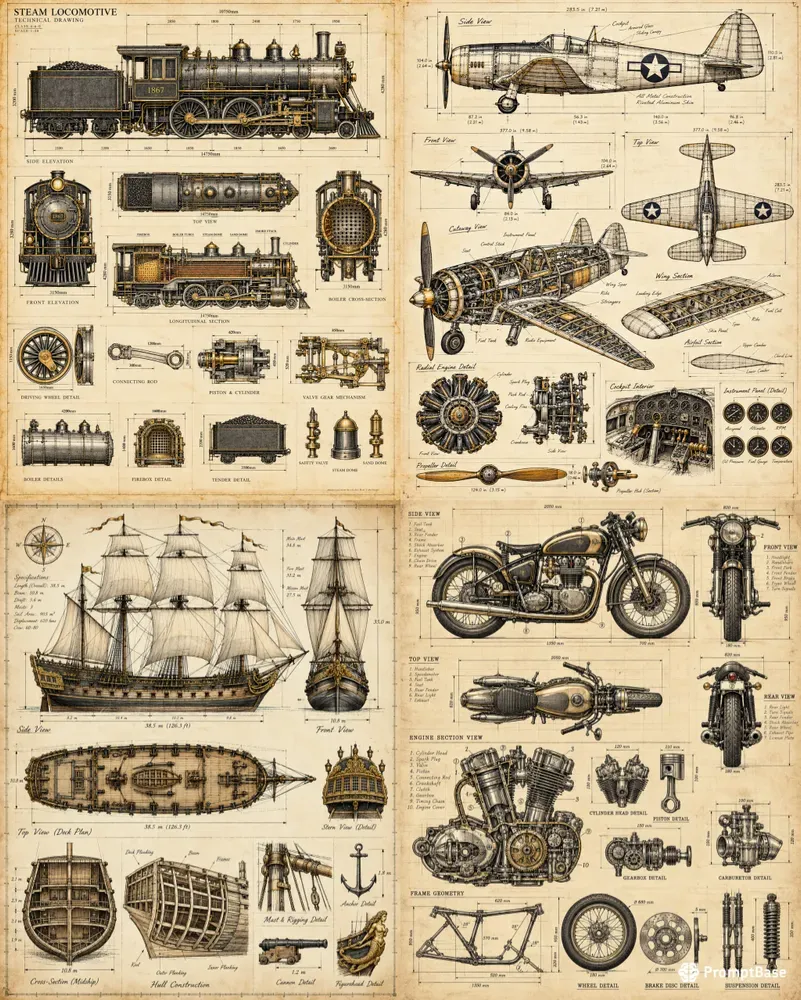 Vintage Technical Blueprint Art