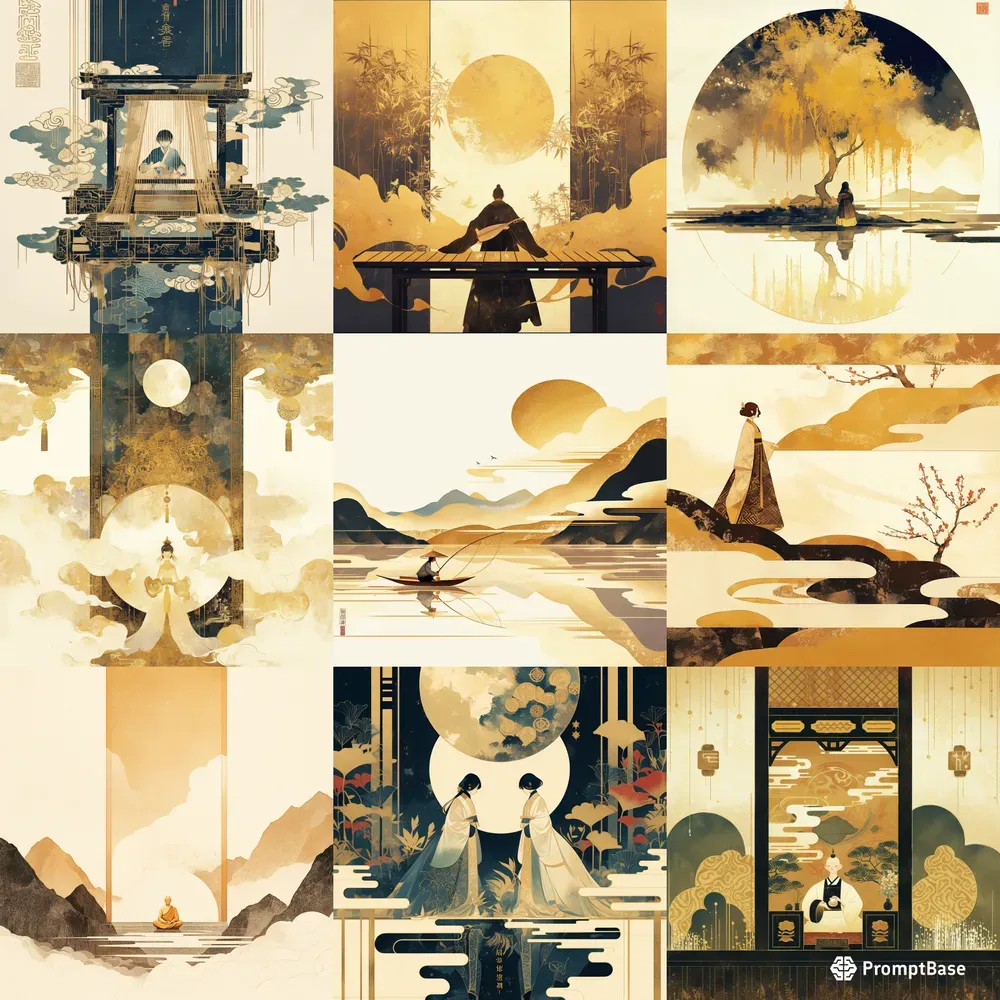 Chinese Deco Moonlit Scenes