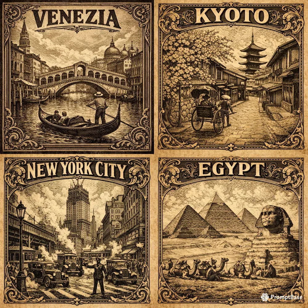 Vintage Woodcut Travel Art