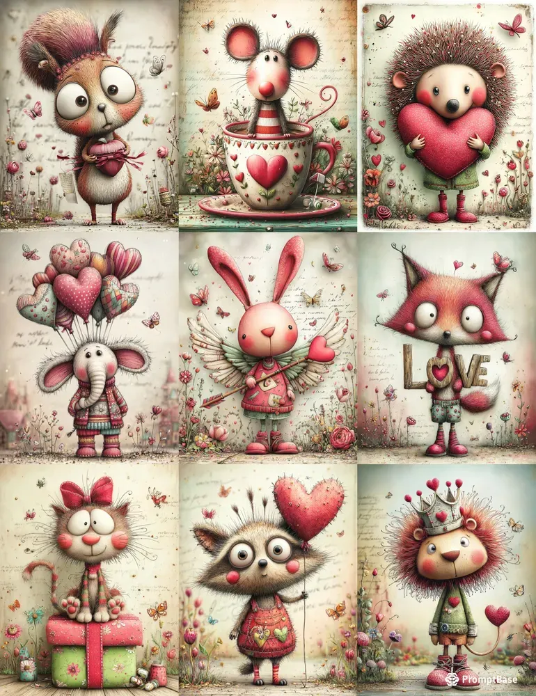 Whimsical Valentine Animals Mixed Media