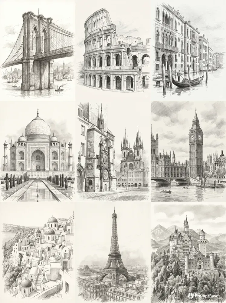 Vintage Landmark City Pencil Sketches