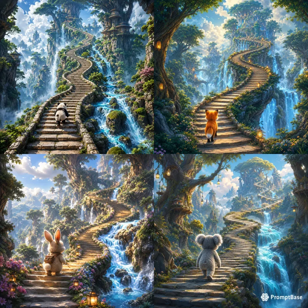 Cute Animals On Magical Stairways