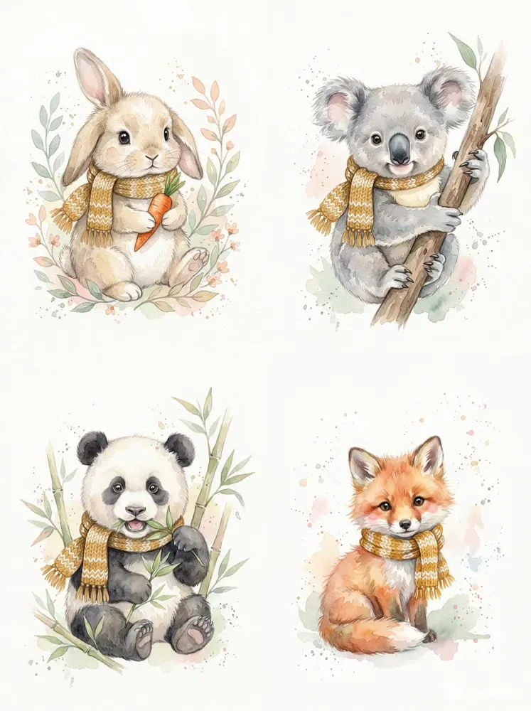 Cozy Watercolor Nursery Animal Portraits