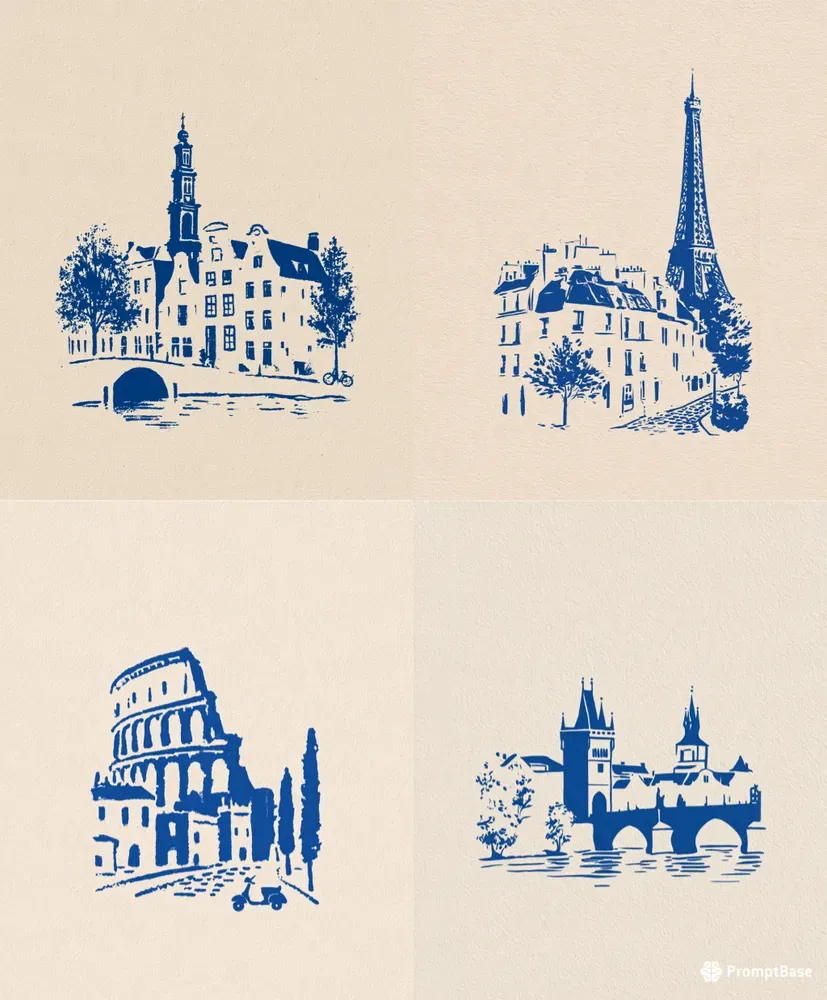 Vintage Blue Ink City Illustrations