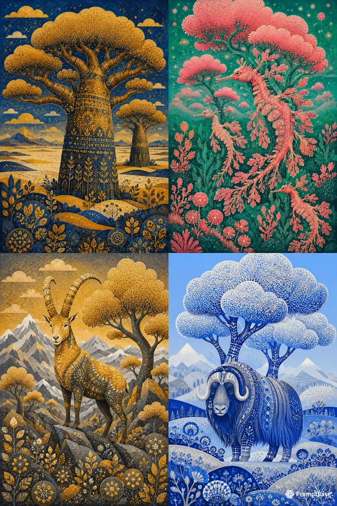 Whimsical Pointillist Folk Art Landscapes