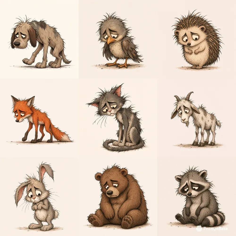 Scruffy Sad Cartoon Animals