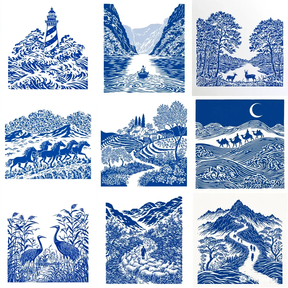 Bold Blue Woodcut Illustrations
