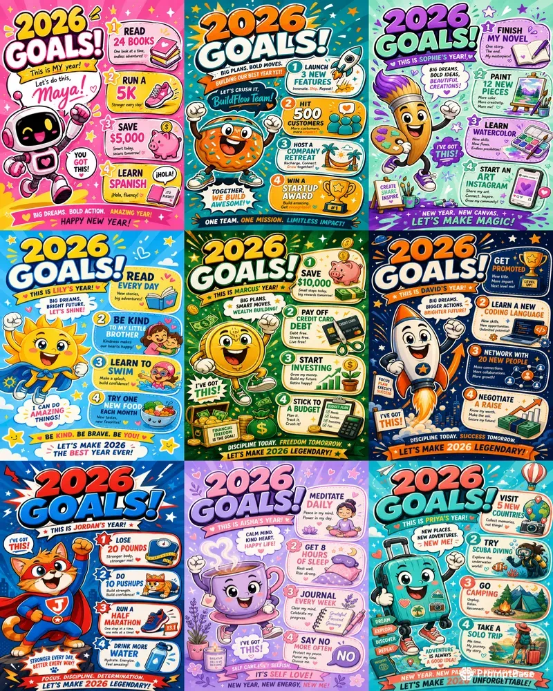 Fun Cartoon New Year Goals Posters