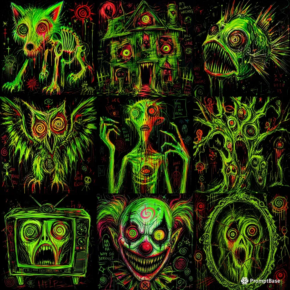 Neon Psychedelic Horror Sketch Style