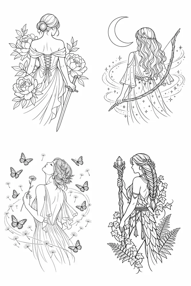 Elegant Line Art Woman Tattoo Sets
