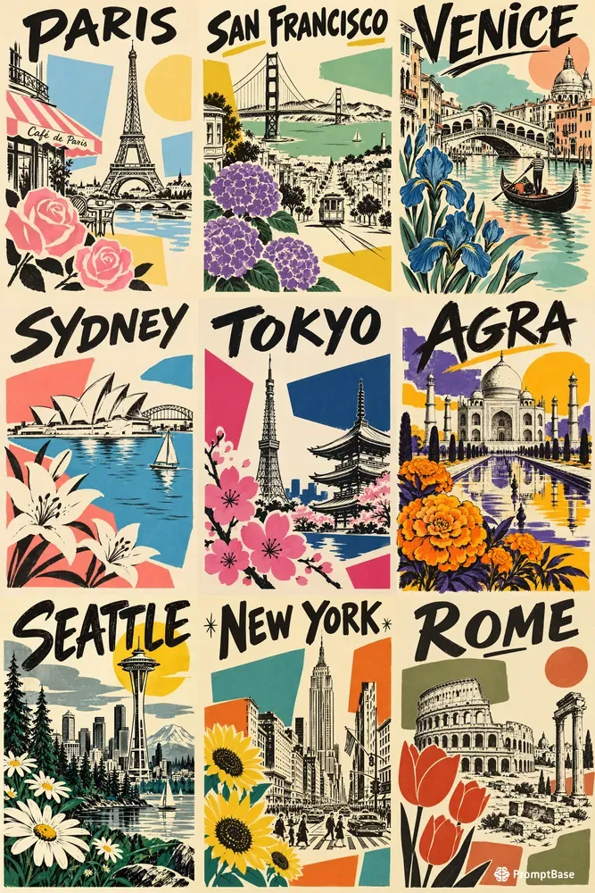 Retro Sketch And Floral City Posters