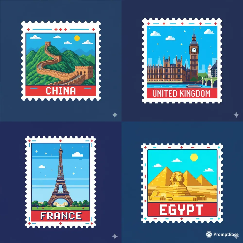 Retro Pixel Art Travel Postage Stamps