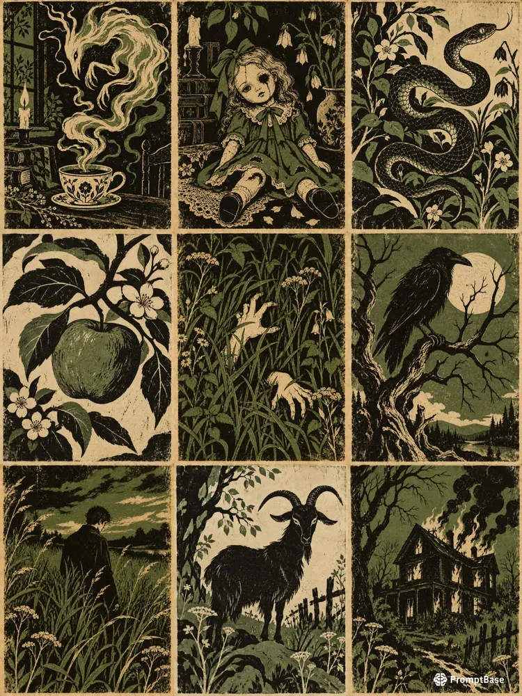 Vintage Folk Horror Linocut Illustrations