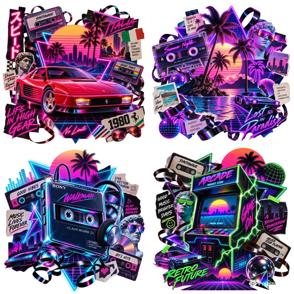 Neon 80s Synthwave Cassette Cliparts Art