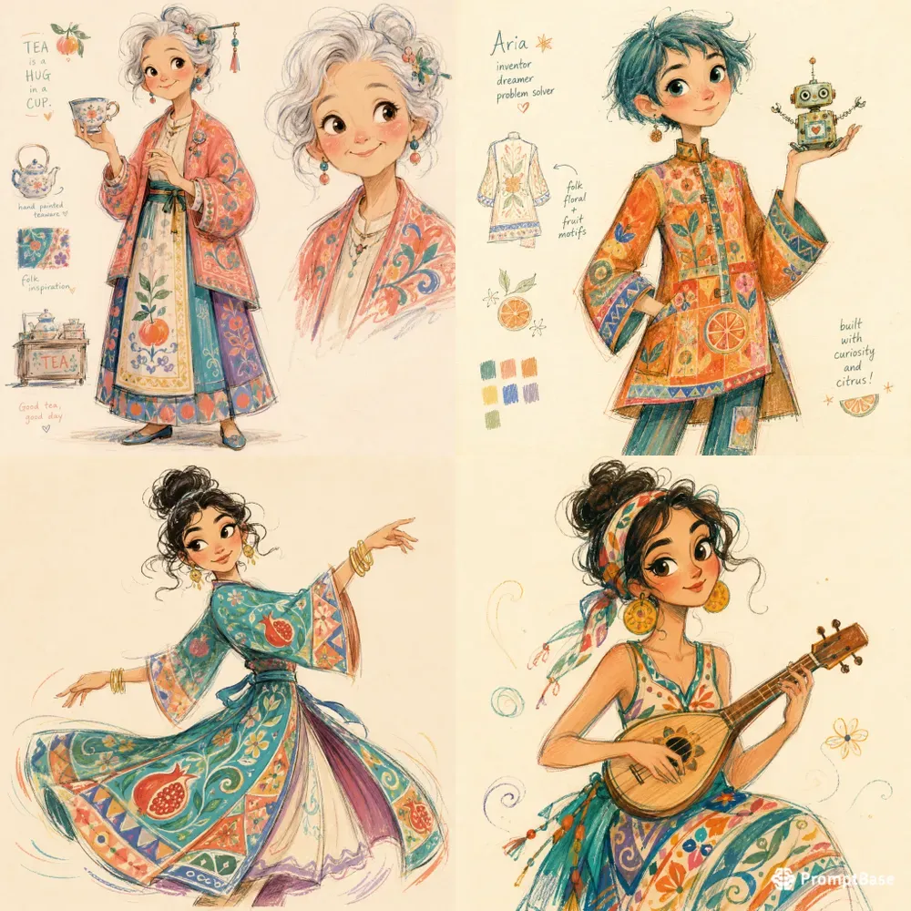 Whimsical Folk Fashion Character Art