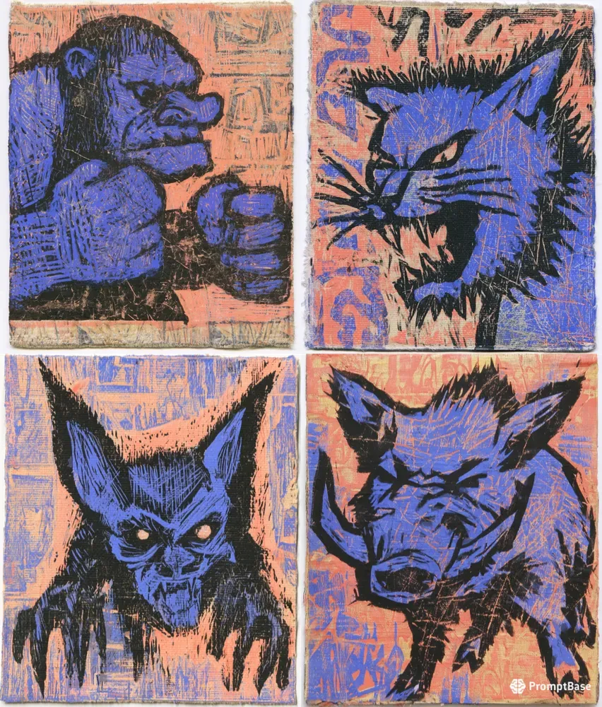 Expressive Linocut Monsters