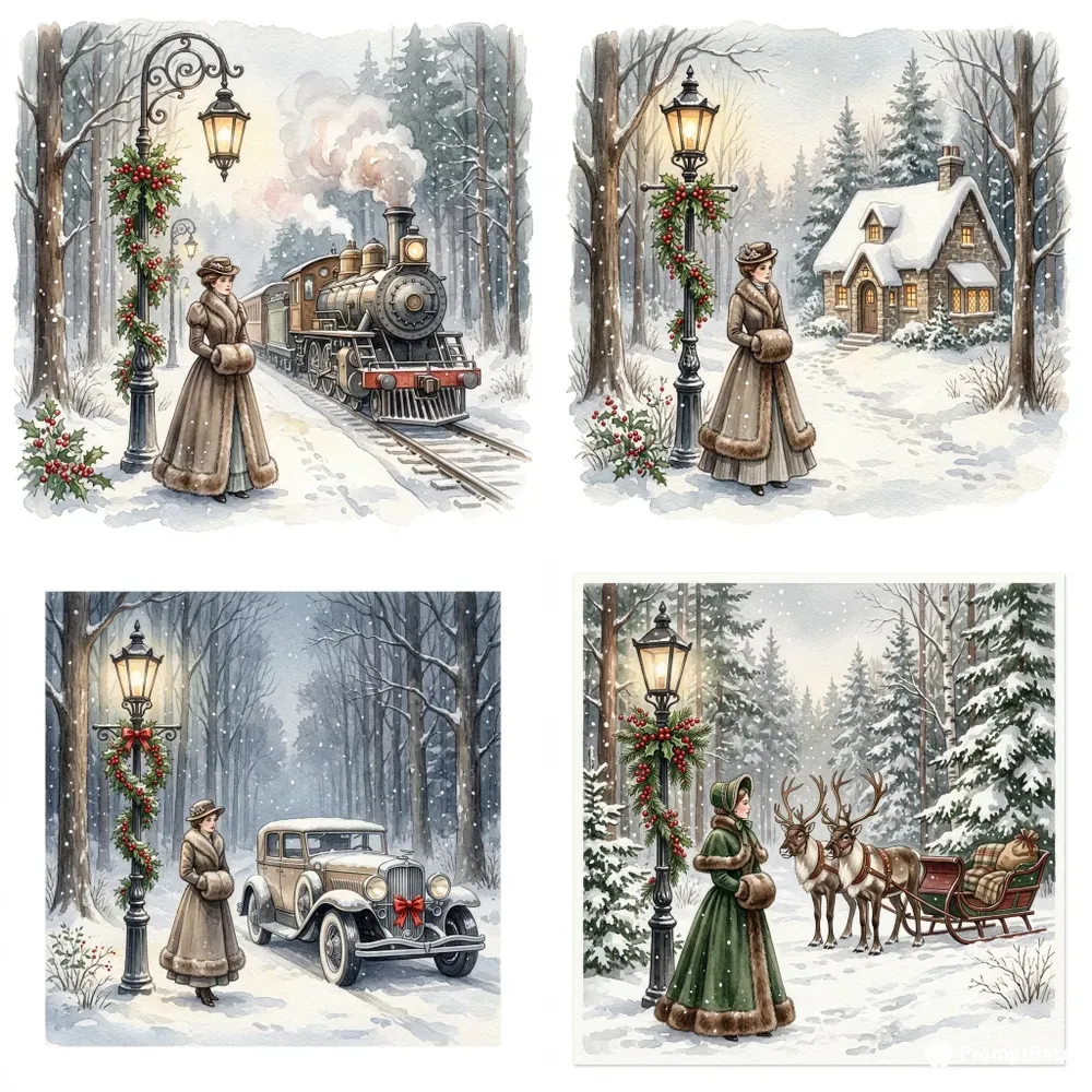 Vintage Watercolor Snow Scenes
