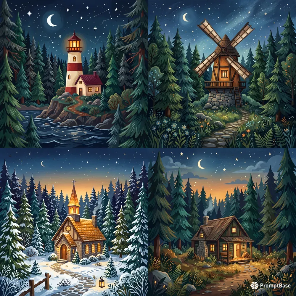 Cozy Pine Forest Cabin Gouache Art